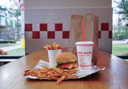 A burger combo with fries and a shake.